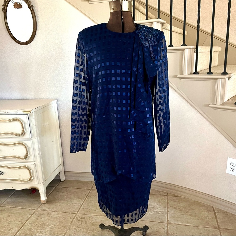 Vintage‎ 80s PATRA Blue Beaded Dress Sz 8 Special Occasion Mother of the Bride